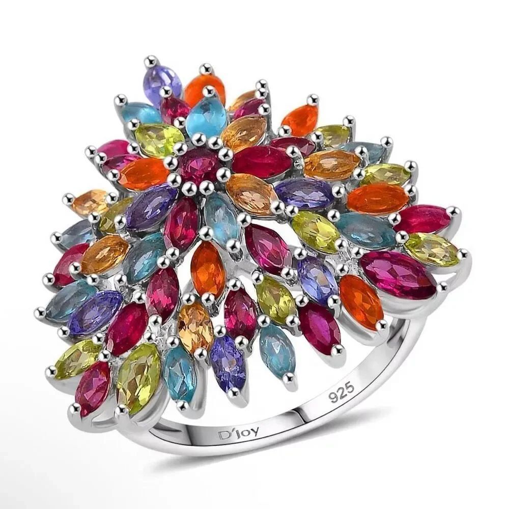 Multi Gemstone 5.15 ctw Floral Spray Ring Sterling Silver Size 6 New